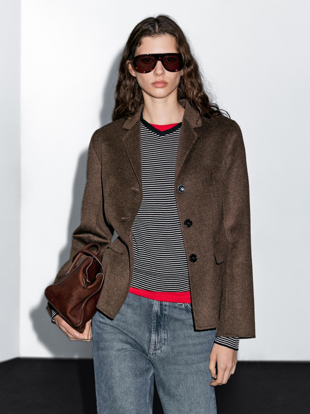 Massimo Dutti Блейзер из смесовой шерсти с классическим воротником, шоколадный