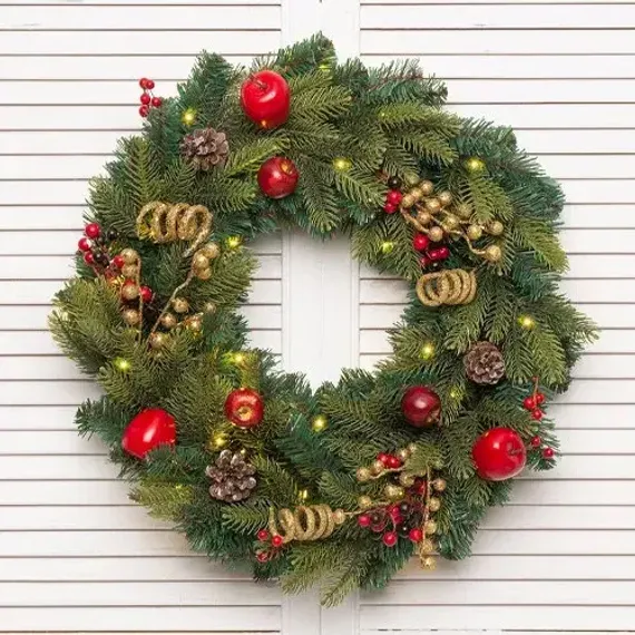 Рождественский венок Богемия с декором 60 см., 30 теплых-белых Led ламп, Литая хвоя+ПВХ, ЕлкиТорг (52034)