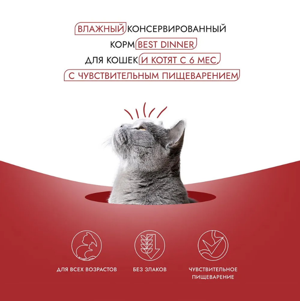 Влажный холистик корм для кошек и котят с чувствительным пищеварением Best Dinner High Premium 0,1кг натуральная говядина для кошек. 12 упаковок