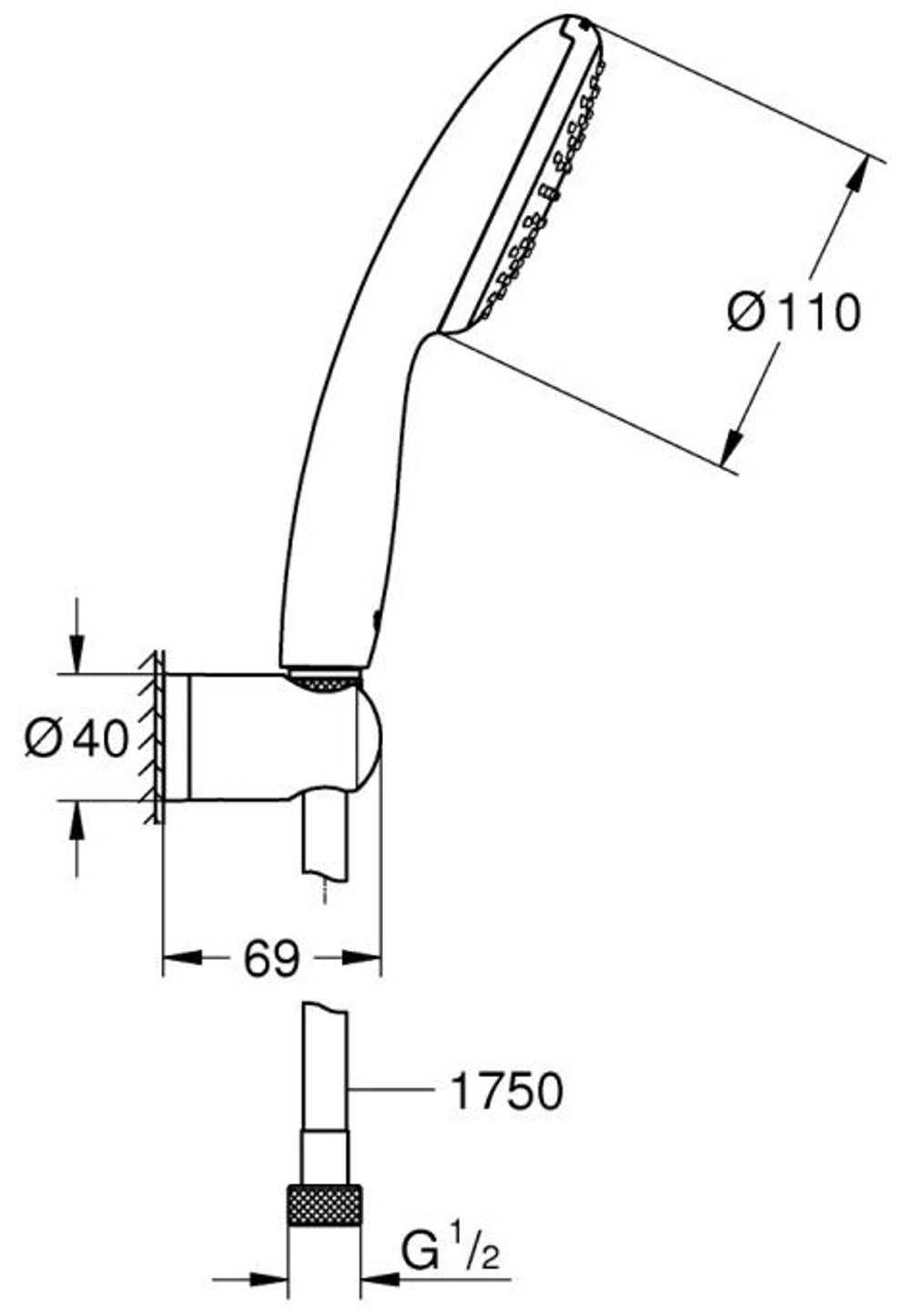 Набор для душа GROHE Vitalio Start 110, 1 режим струи, лейка, держатель и шланг, 8.7 л/мин, хром (27944001)