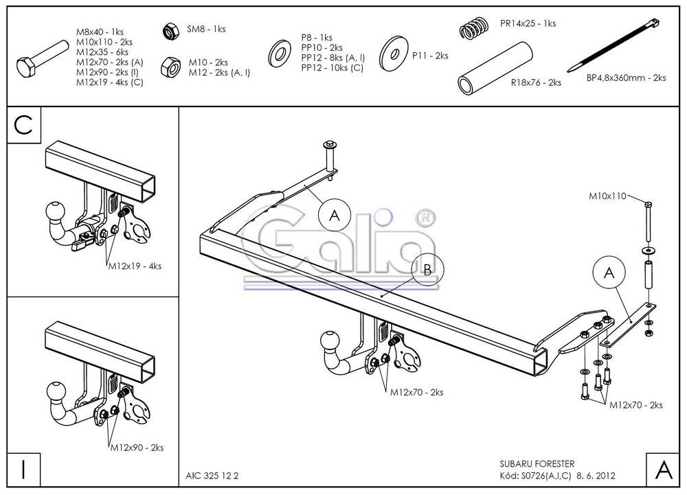 Фаркоп оцинкованный Galia S072A для Subaru Forester 1997-2008(паспорт и сертификат в комплекте)(без электрики)