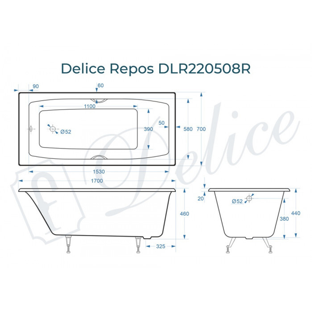 Ванна чугунная Delice Repos 170х70 с черными матовыми ручками DLR220508RB