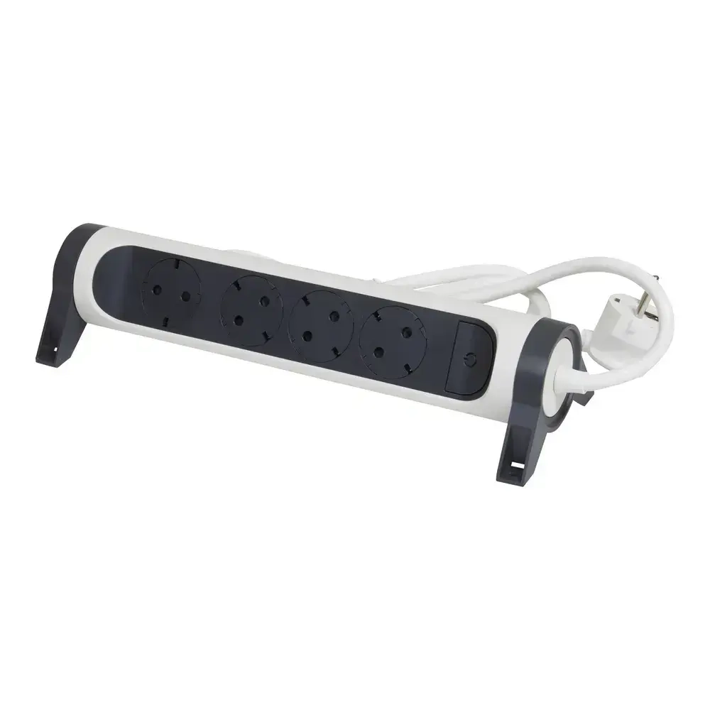 Legrand Revolution Комфорт Бело-черный Удлинитель 4x2К+З с выкл., кабель 1,5м, плоские розетки, фиксируемый поворотный блок, 694529