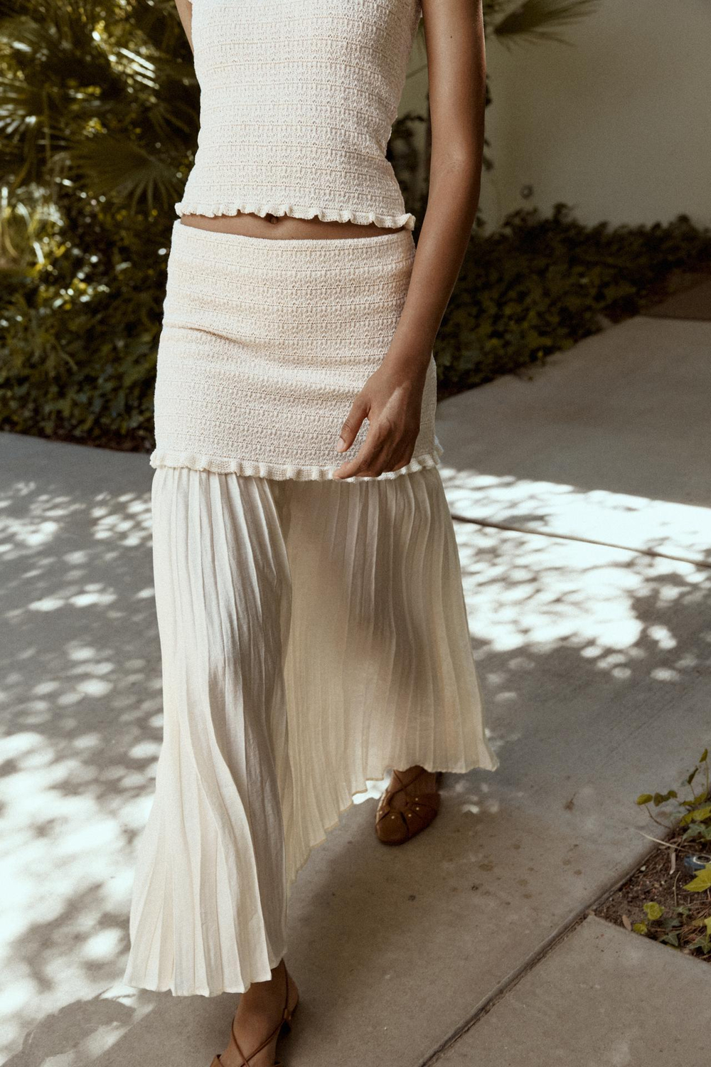 ZARA ТРИКОТАЖНАЯ ЮБКА С КОНТРАСТНЫМИ ДЕТАЛЯМИ, ЭКРЮ