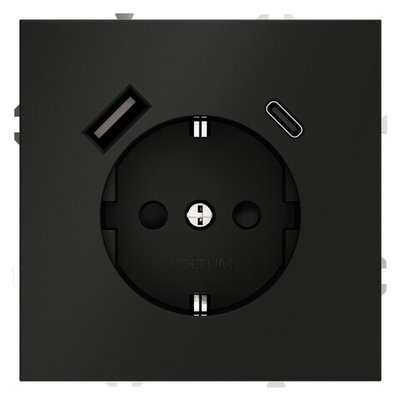 Розетка встраиваемая VOLTUM S70 с заземлением и защитными шторками, 16А, с USB, A+С, (черный матовый)