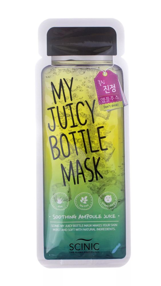Scinic My Juicy Bottle Mask (Aqua Ampoule Juice) – тканевая маска для эффективного увлажнения кожи. Тканевая маска содержит увлажняющую сыворотку на основе гиалуроновой кислоты и экстракта бамбука, обеспечивает увлажнение и смягчение кожи. Гиалуроновая кислота поддерживает оптимальный баланс влаги в клетках кожи, сохраняет упругость и эластичность кожи. Воздействует на кожу на клеточном уровне, увлажняя ее во всех слоях, регулирует водно-солевой баланс и стимулирует обновление кожи, выполняет функцию своеобразной молекулярной губки, удерживая влагу внутри кожи в течение дня. Экстракт бамбука предотвращает преждевременное старение кожи, поддерживает ее в тонусе, повышает упругость и эластичность.
