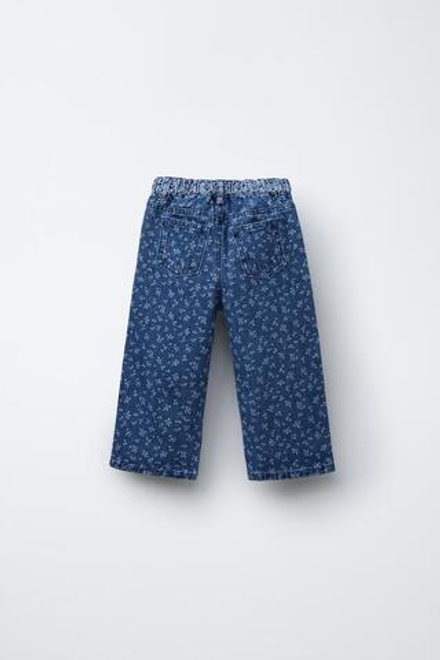 ZARA ДЖИНСЫ С ШИРОКИМИ ШТАНИНАМИ ИЗ ТКАНИ С ЦВЕТОЧНЫМ ПРИНТОМ, ВЫЦВЕТШИЙ СИНИЙ