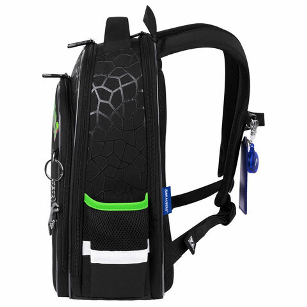 Ранец BRAUBERG QUADRO, 3 отделения, с брелком, "Tyrannosaur", светящийся рисунок, 37х28х18 см, 272021