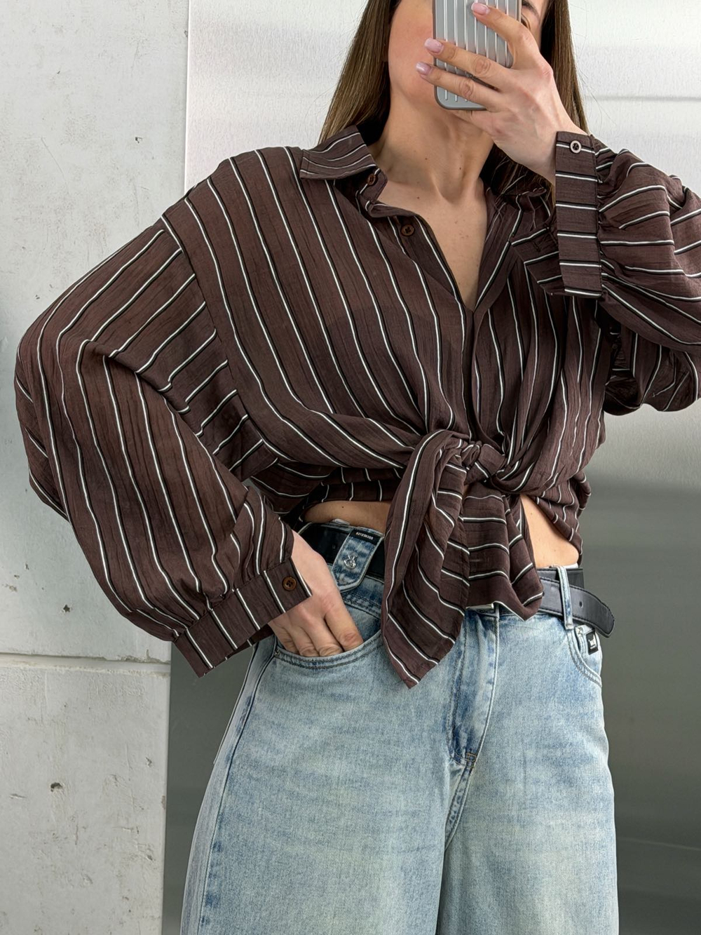 Рубашка женская 9393 полоса цвет "шоколадный"