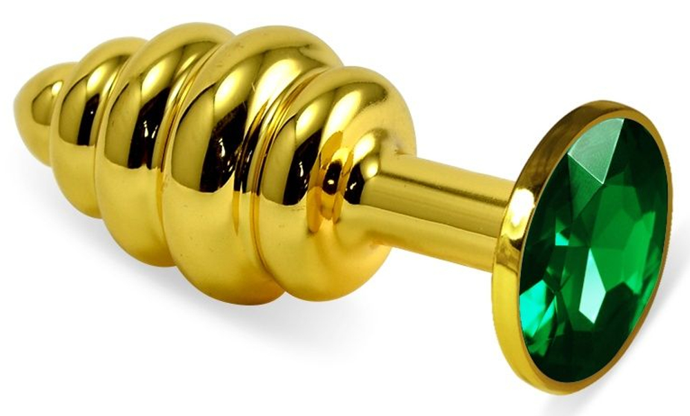 Золотистая ребристая анальная пробка с зеленым кристаллом - 7,5 см. (Цвет: зеленый)