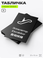 Табличка Эскалатор, на дверь и стену, информационная и мультиязычная (русский, английский, китайский), серия GLOBAL, 25х15 см, Айдентика Технолоджи