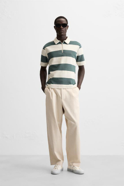 ZARA ПОЛО С РЕЛЬЕФНЫМ УЗОРОМ И ЗАСТЕЖКОЙ-МОЛНИЕЙ, ЗЕЛЕНЫЙ/ЭКРЮ