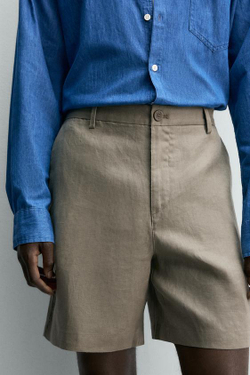 ZARA БЕРМУДЫ ИЗ 100% ЛЬНА КЛАССИЧЕСКОГО КРОЯ, СВЕТЛО-БЕЖЕВЫЙ
