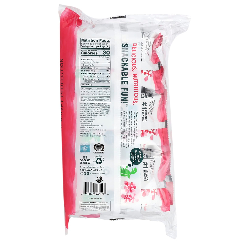 gimMe, Снеки из жареных морских водорослей, корейское барбекю, 6 пакетиков по 5 г (0,17 унции)