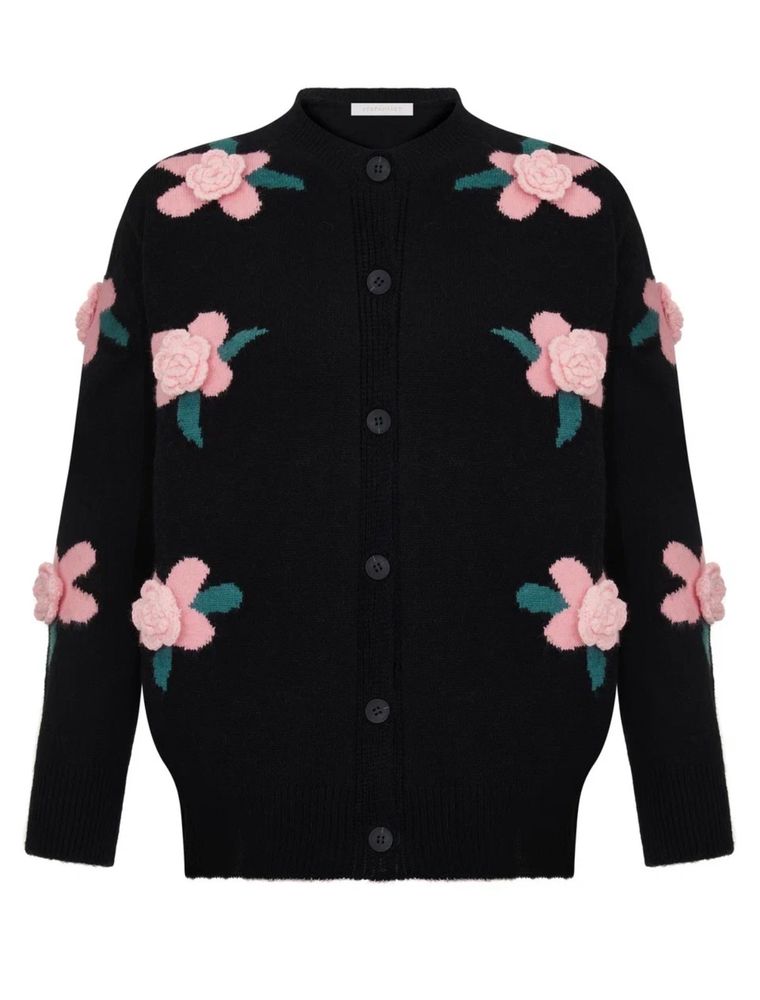 Жакет на пуговицах с розами, черный