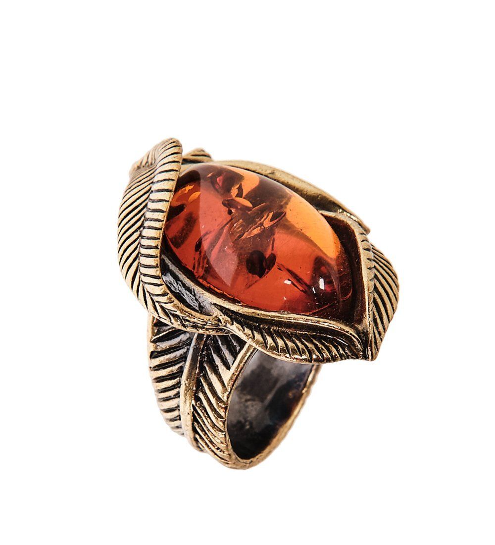 AM-2428 Кольцо «Винтажный лист» (латунь, янтарь)
