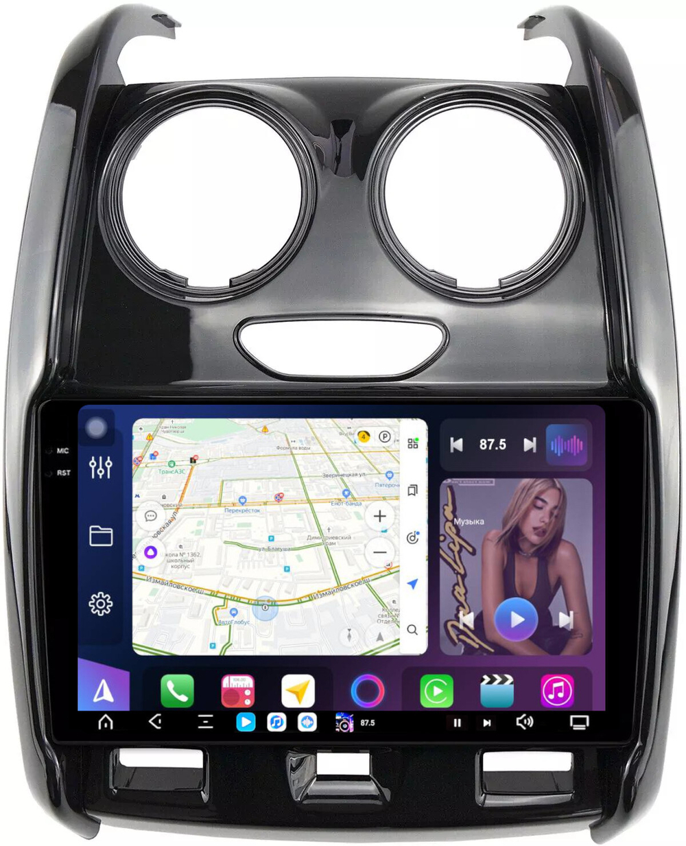 Магнитола для Renault Duster 1 2015-2020, Lada Largus 2021+ (мультируль/джойстик, рамка большая глянец) - FarCar XXL3008M монитор 9.5" 2K QLED на Android 14, TS20, 8+256Гб, CarPlay, 4G SIM-слот