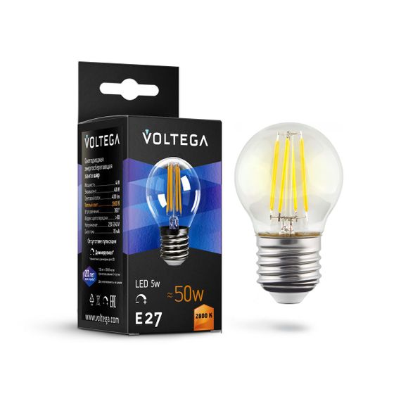Лампа светодиодная филаментная диммируемая Voltega E27 5W 2800K прозрачная 8466