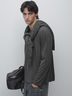 Massimo Dutti Хлопковая футболка с длинными рукавами, серый меланж