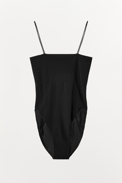 ZARA БОДИ ОБЛЕГАЮЩЕГО КРОЯ С БРЕТЕЛЯМИ И ДЕКОРАТИВНОЙ СТРОЧКОЙИ, ЧЕРНЫЙ