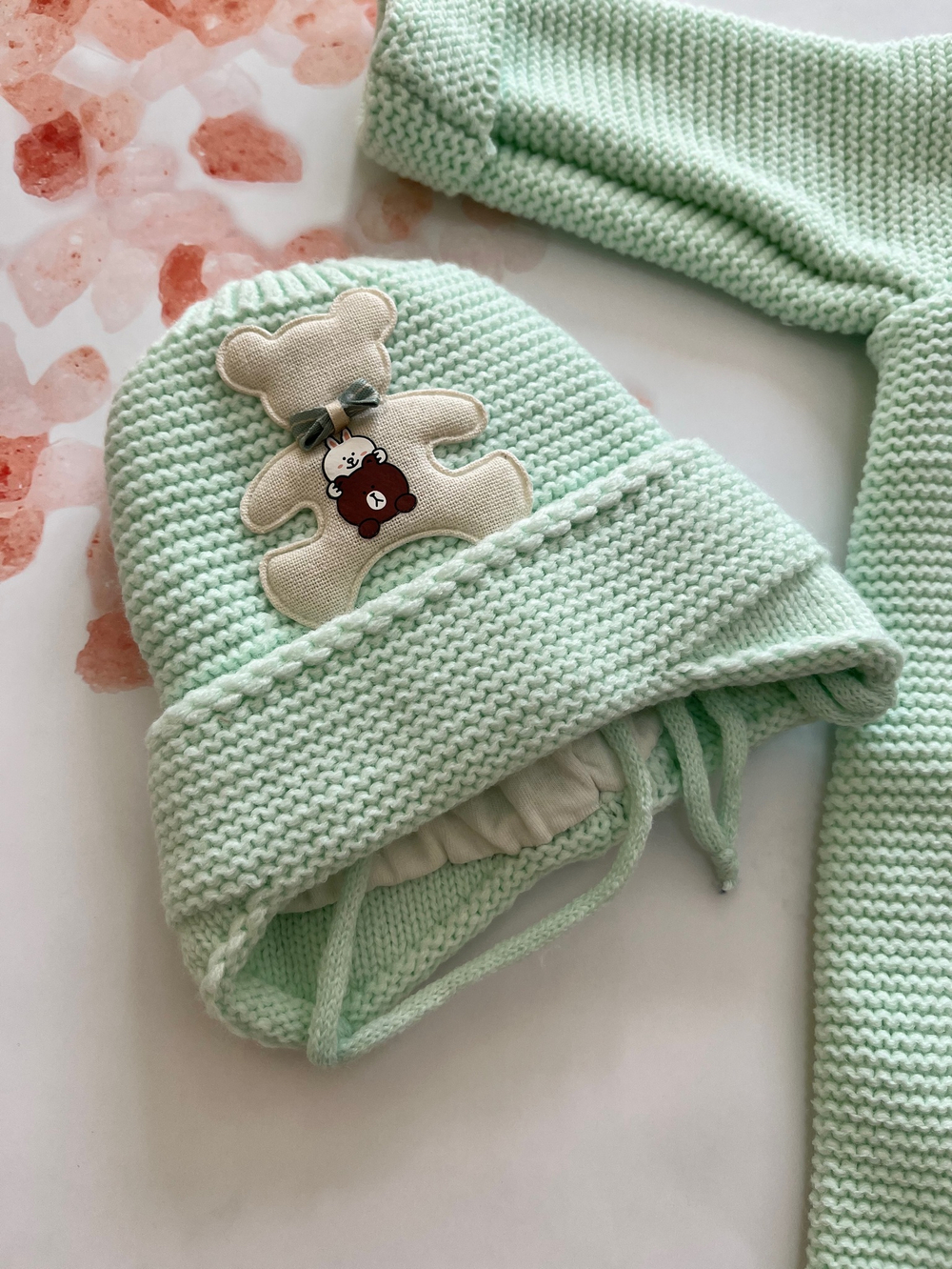 Костюм вязаный на выписку "АйШах - Мишки" (Комбинезон + Шапка) (Цвет: Фиолетовый)