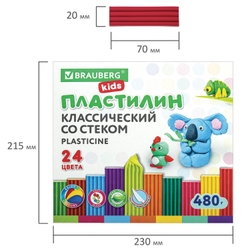 Пластилин классический BRAUBERG KIDS, 24 цвета, 480 грамм, стек, ВЫСШЕЕ КАЧЕСТВО, 106437