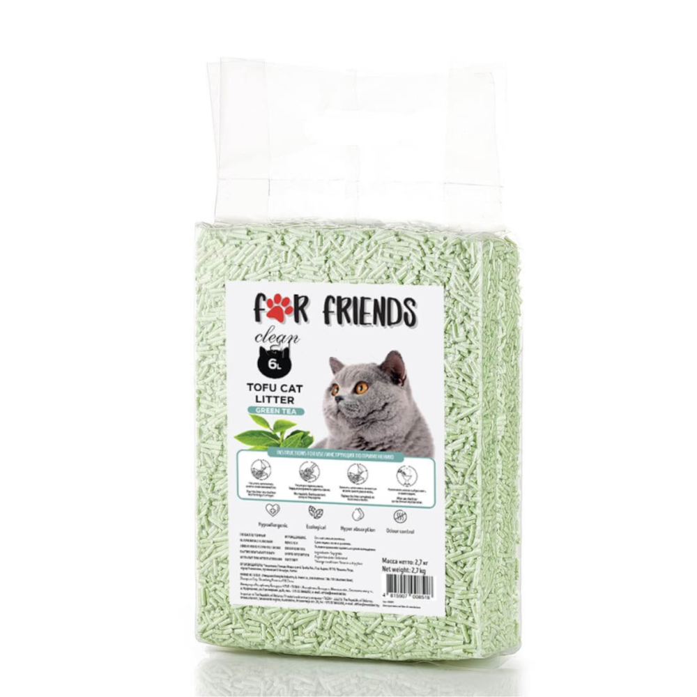 Наполнитель FOR FRIENDS Tofu Green Tea комкующийся, с ароматом зеленого чая - 6 л