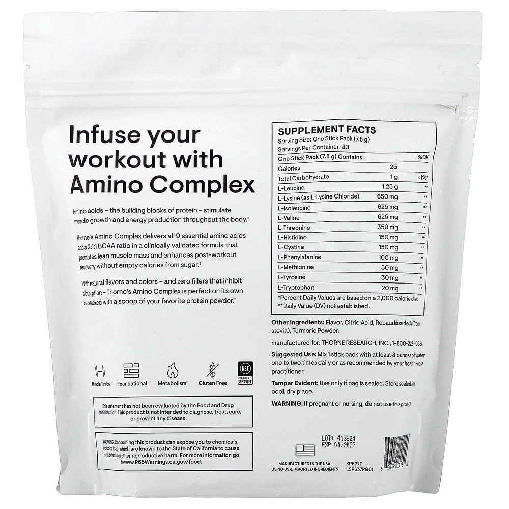 Thorne, аминокислотный комплекс, со вкусом лимона, 30 пакетиков по 7,8 г (0,28 унции)