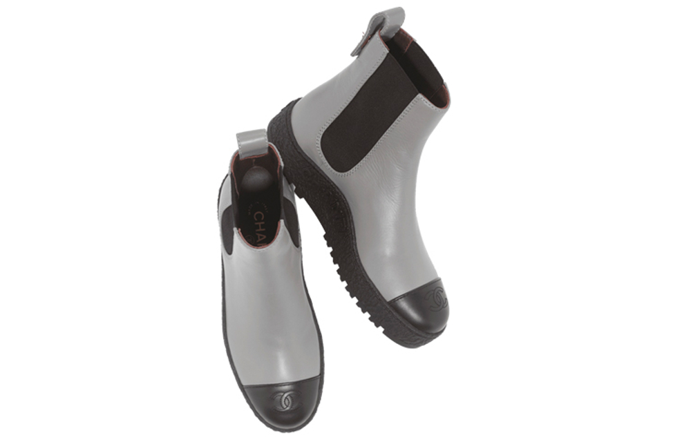 CHANEL Top Grain Cow Leather Chelsea Shoes Women"s Gray Black