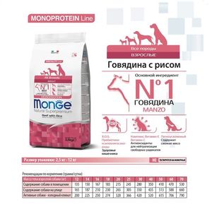 Сухой корм Monge Dog Speciality Line Monoprotein All Breeds Beef and Rice для взрослых собак всех пород, из говядины с рисом