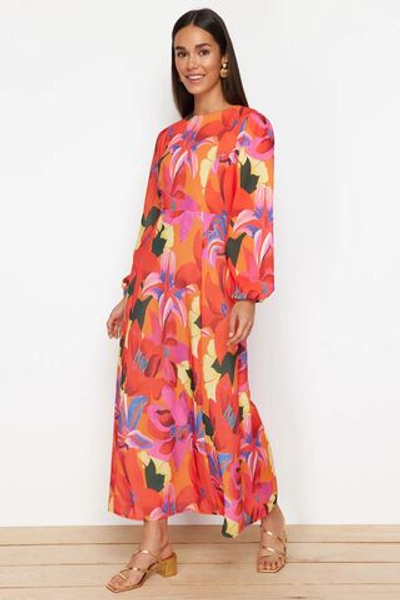 Красное льняное платье с цветочным узором TCTSS24EB00102