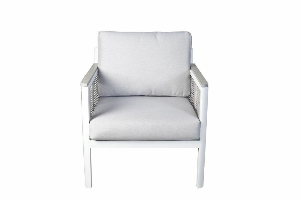 "Сан Ремо" кресло плетеное из роупа садовое, каркас алюминий белый, роуп бежевый, ткань бежевая