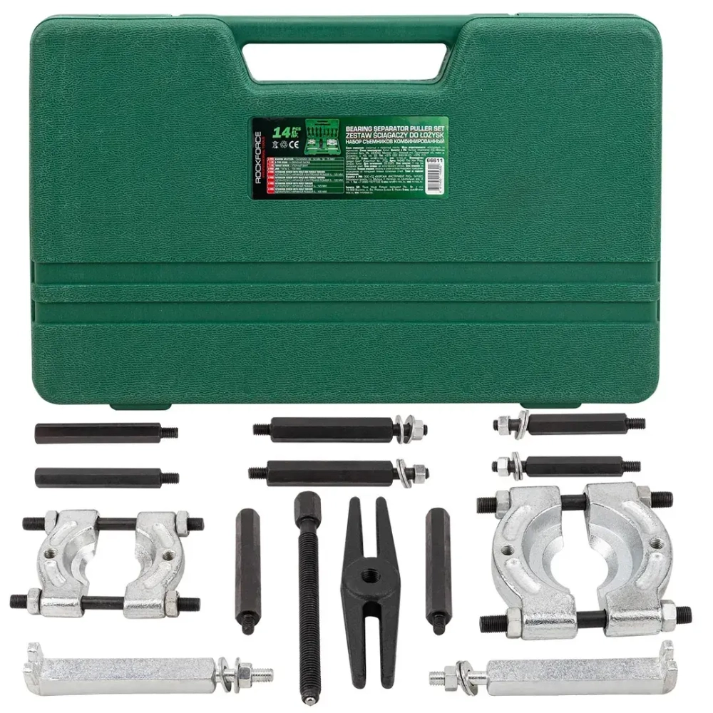 Набор съемников комбинированный 14пр. (сегментного типа: 30-50, 50-75мм, двухлапый: 120мм), в кейсе RockForce##Rock FORCE RF-66611