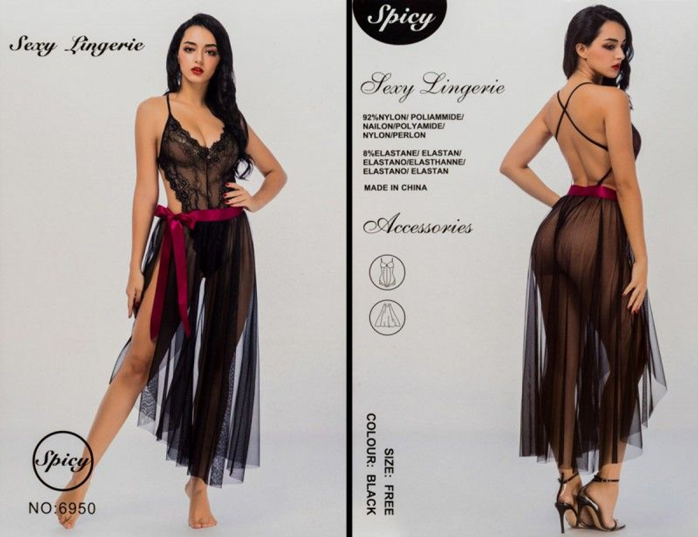 Кружевное боди с длинной юбкой на атласной ленте (Размер: S-M-L) (Цвет: черный)