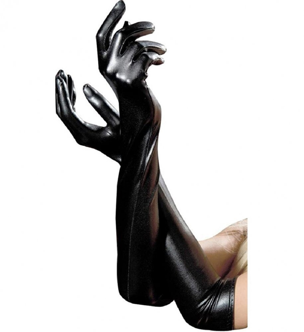 Перчатки из материала Wetlook выше локтя черные