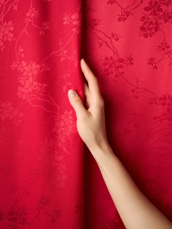 Ткань шелк Армани Жаккард, арт. 1870/2, дизайн "цветы на ветке", малиново-красный