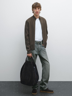 Massimo Dutti Кардиган из 100% хлопка с застежкой-молнией, серо-зеленый