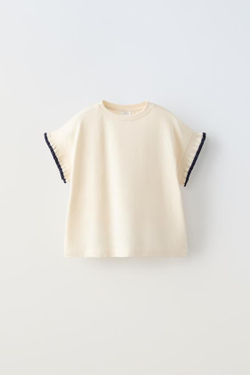 ZARA КОМБИНИРОВАННАЯ ФУТБОЛКА С ВОЛАНАМИ, ЭКРЮ