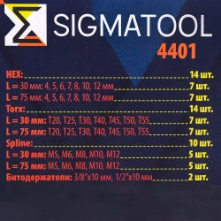 Набор бит с битодержателями 40пр.(10мм, L-70/35мм, T20-Т55, H4-H12, M5-M12) в металл. кейсе SIGMATOOL Sigmatool-4401