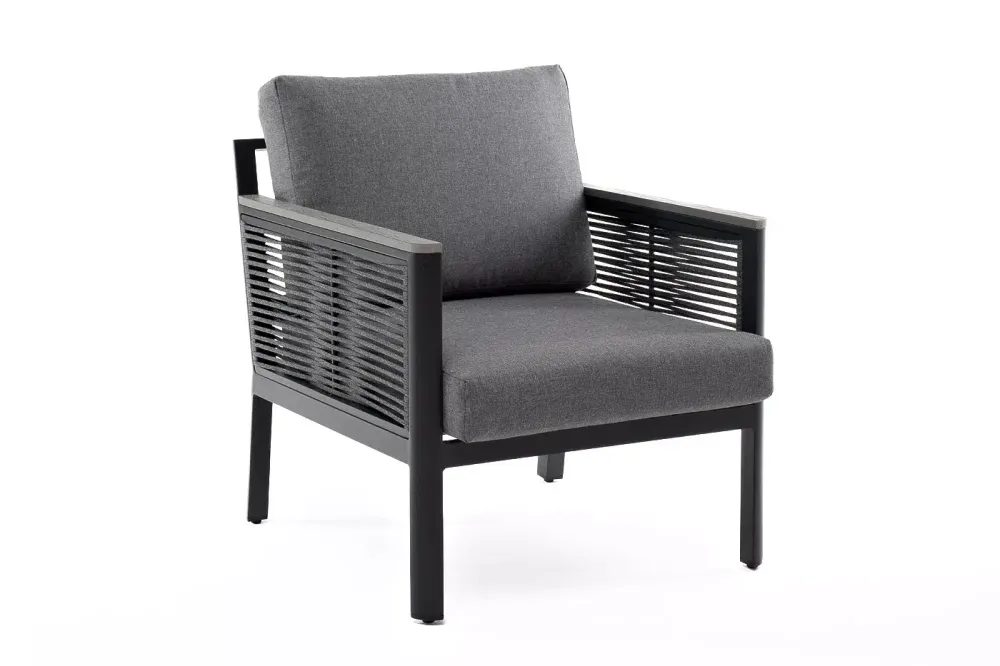 "Сан Ремо" кресло плетеное из роупа садовое, каркас алюминий темно-серый, роуп серый, ткань серая