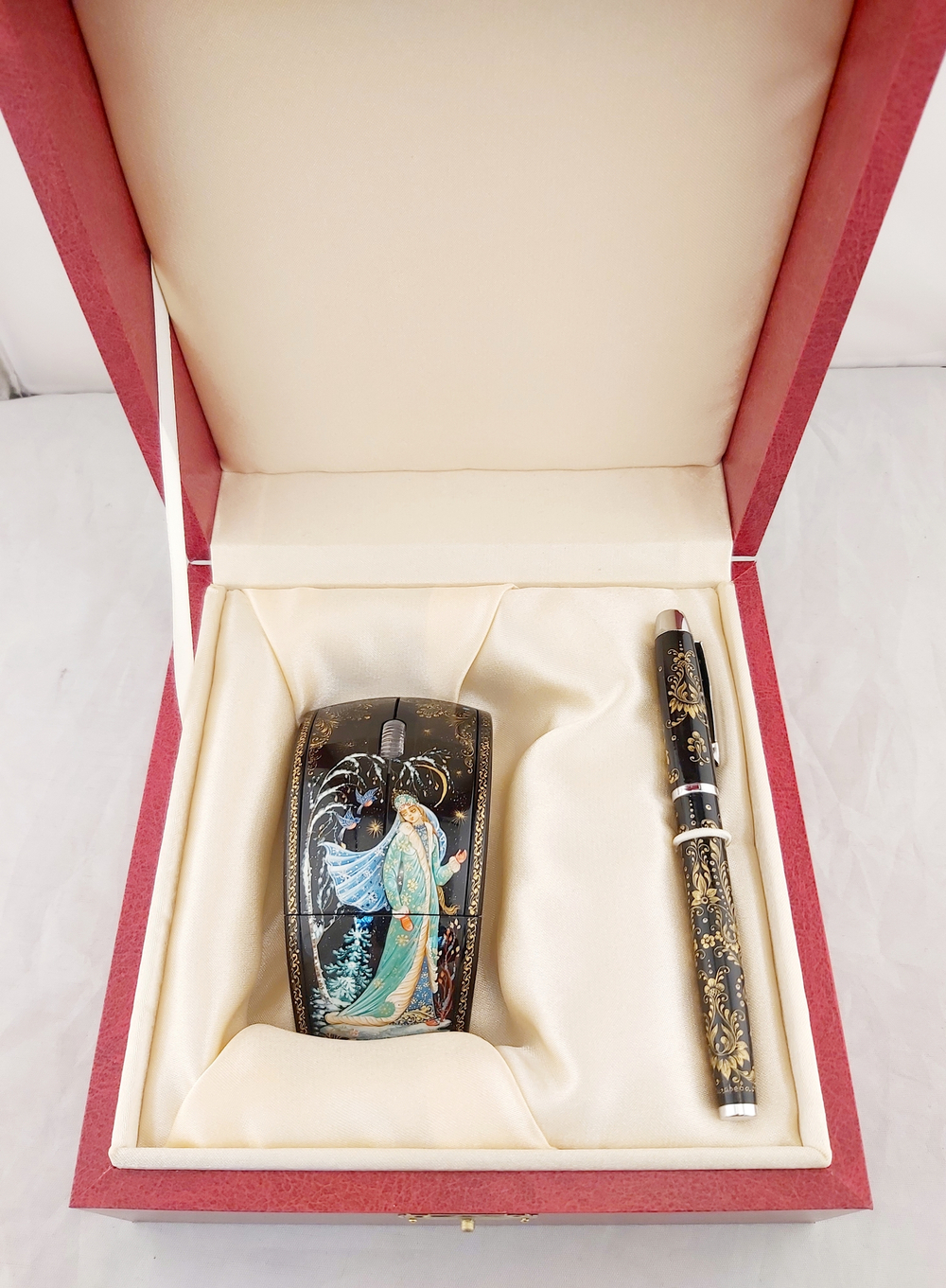 Набор мышь компьютерная "Снегурочка" и ручка-роллер с росписью Палех