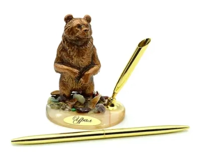Письменный прибор на подставке из селенита с самоцветами "Медведь стоит" 75*55*100 мм