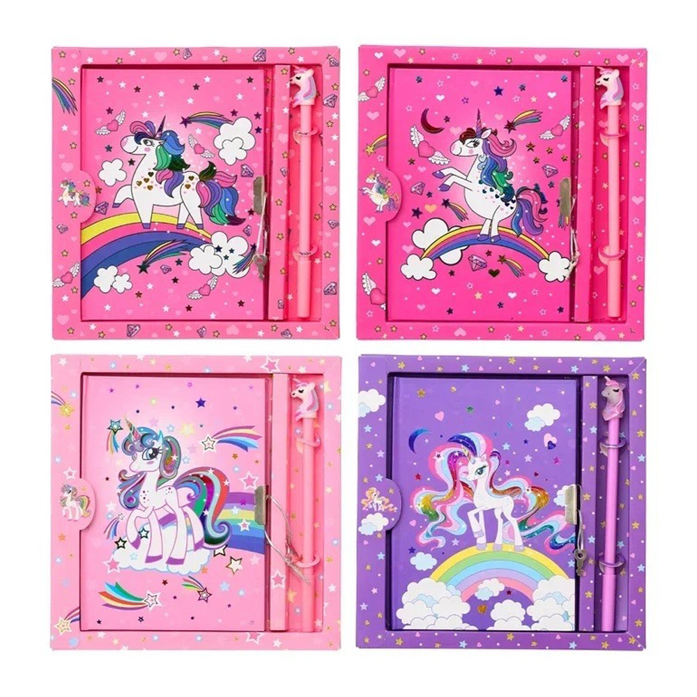 Блокнот детский Basir на замке, с ручкой, формат А6, серия "Единорог", с игрушкой, переплет 7БЦ, 18*13.2 см, 48 листов, ассорти