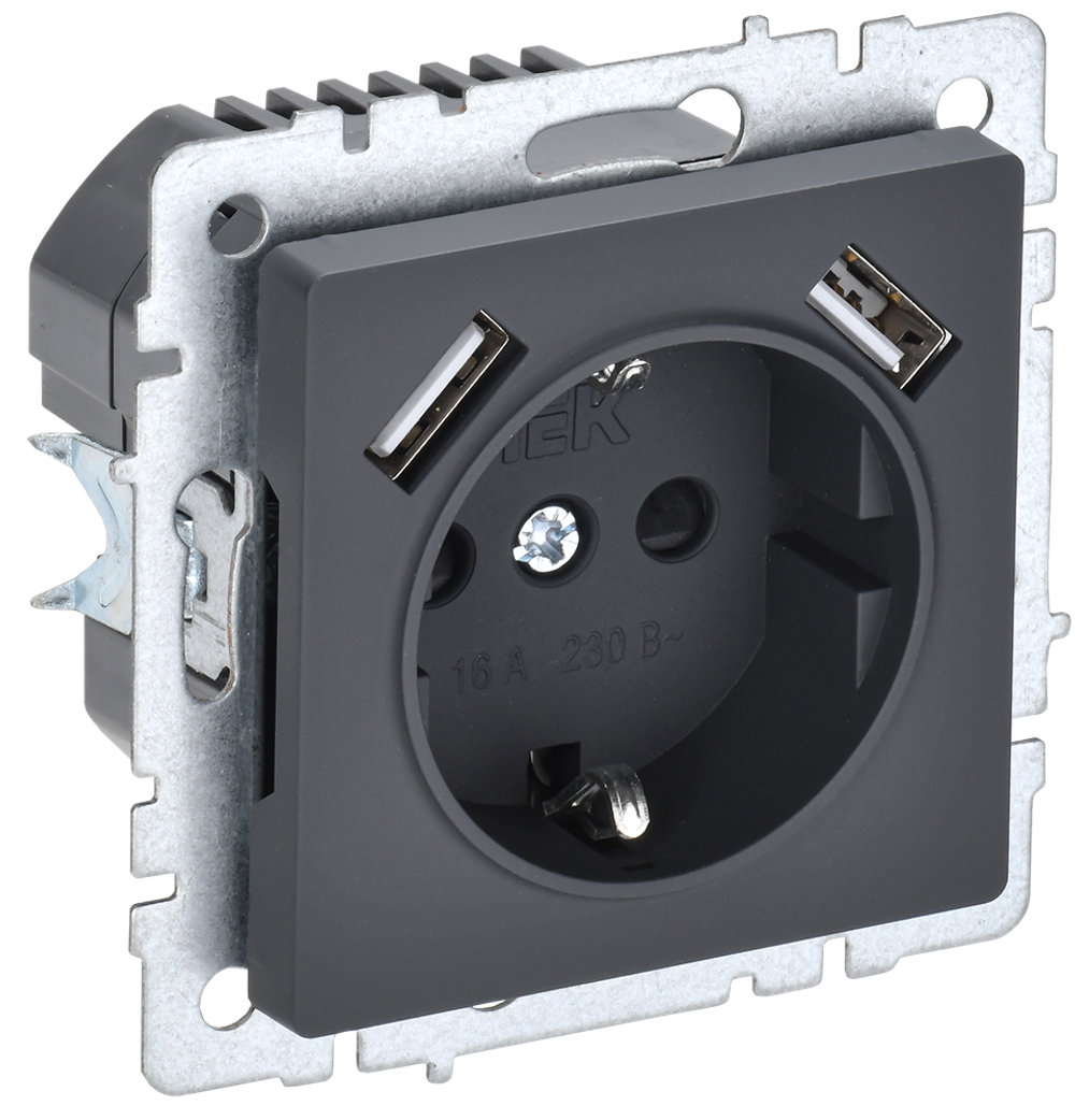 BRITE Розетка 1-местная с заземлением с защитными шторками 16А с USB A+A 5В 2,1А РЮш10-1-БрГ графит IEK