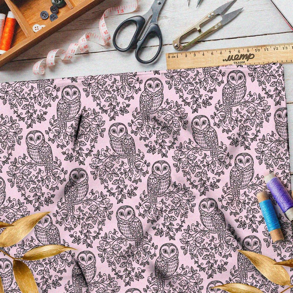 Ткань оксфорд 600 резные эскизы сов на ветках