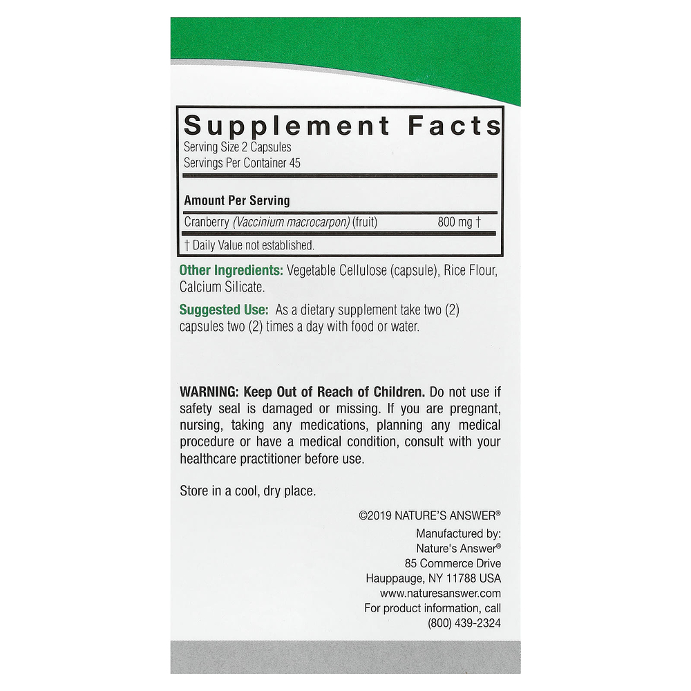Nature's Answer, клюква, 90 вегетарианских капсул (400 мг в 1 капсуле)