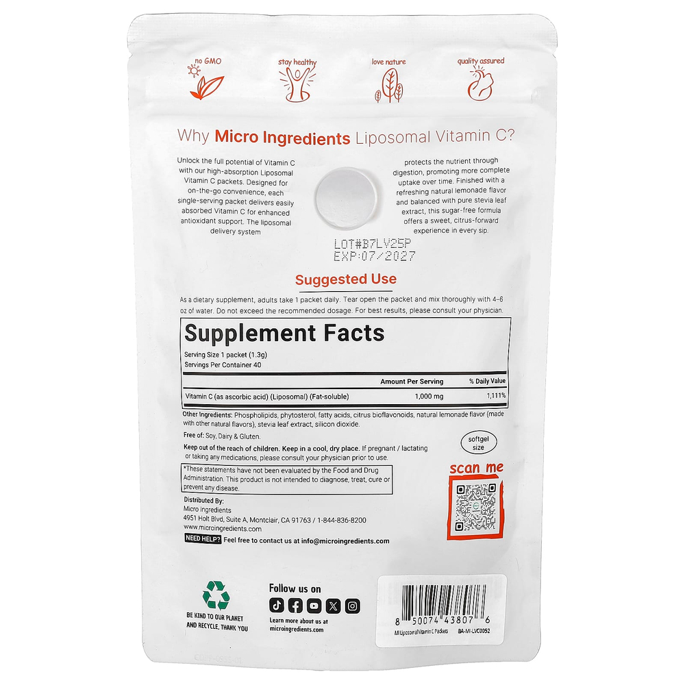 Micro Ingredients, липосомальный витамин C, со вкусом лимонада, 40 пакетиков по 1,3 г (0,046 унции)