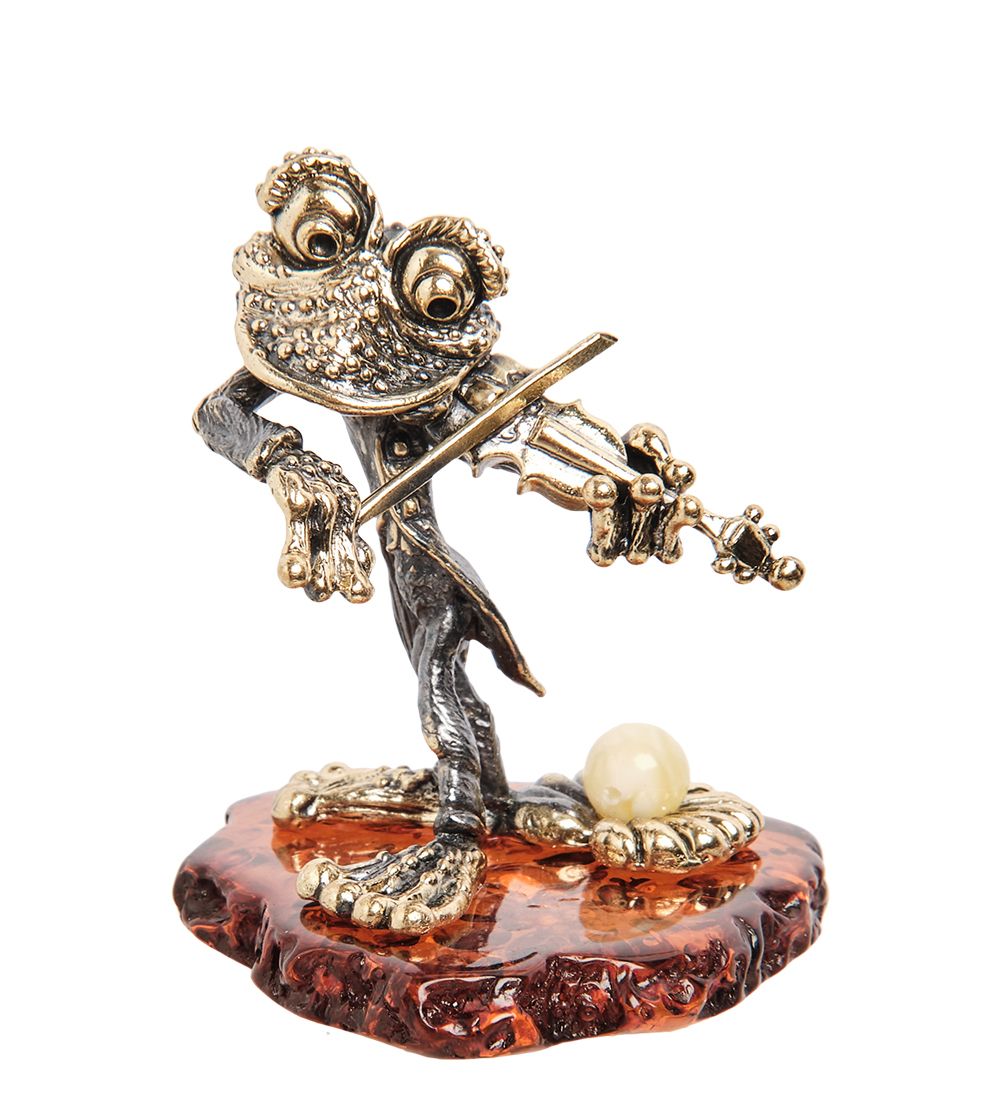 Народные промыслы AM-2151 Фигурка «Лягушка со скрипкой» (латунь, янтарь)