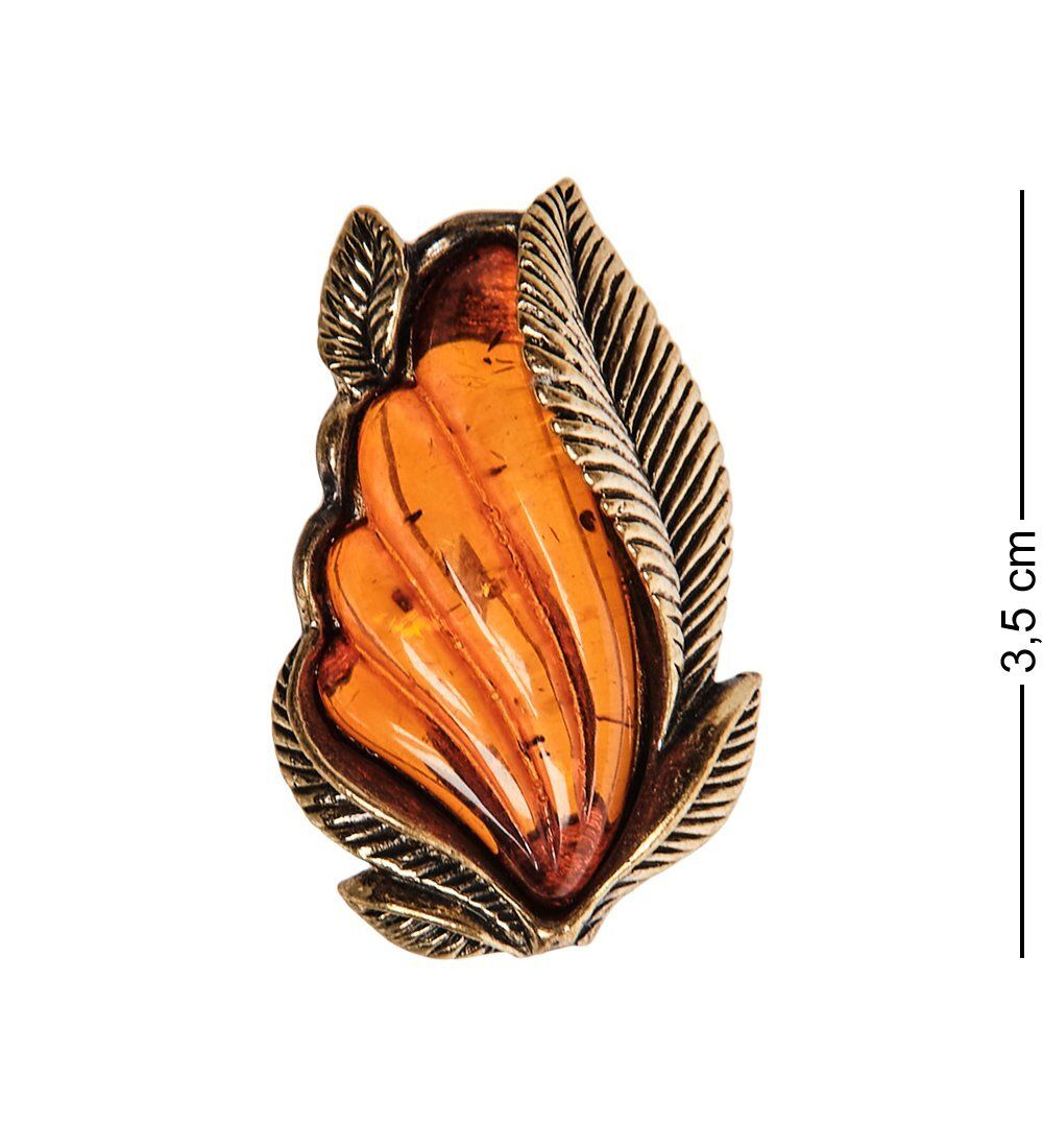 AM-2567 Брошь «Винтажный листик» (латунь, янтарь)