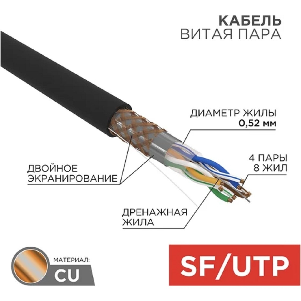 Витая пара Rexant (01-0344) Кабель витая пара SF / UTP, CAT 5e, PE, 4PR, 24AWG, OUTDOOR, SOLID, черный, 305м